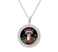 Raccoon with Rose Multicolored Diamond Necklace Dainty Round Pendants Jewelry for Women Silver-style