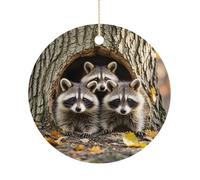Raccoons in The Fall Tree Hole Ceramic Ornaments with Hanger Round Porcelain Ornaments Personalized Xmas Tree Keepsake Crafts Gift for Christmas and Thanksgiving Decoration