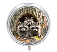 Raccoons in The Fall Tree Hole Pill Case 3 Compartment Portable Pill Box Daily Round Pill Organizer for Pocket Purse Daily Medicine Container to Hold Vitamins Fish Oil Travel Gifts