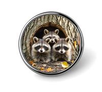 Raccoons in The Fall Tree Hole Round Badge Personalized Metal Lapel Pin Badges Fit Clothing Bags Hat Humorous Printed Brooch Badge Party Decorations Accessories for Men Women