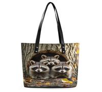 Raccoons in The Fall Tree Hole Tote Bag Large Soft Leather Purse with Zipper Lightweight Ladies Shoulder Handbag