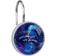Raccoons Moon Shower Hooks Rings Set of 12, Rust Proof Stainless Steel Decorative Hangers for Bathroom Shower Curtain Rod