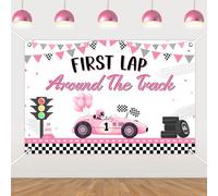Race Car 1st Birthday Backdrop 4.92 * 3.28ft for Girls Pink Racing Car 1st Birthday Decors First Lap Around The Track Background Banner Racing Vintage Retro Car Fast One First Birthday Party Supplies