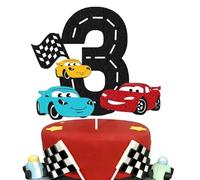 Race Car 3rd Birthday Cake Topper Three Fast Cake Decoration for Racing Car Checkered Flag Themed Kids Boy Girl 3s Years Old Happy 3 Bday Party Decor Supplies Double Sided
