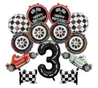Race Car 3rd Birthday Decorations - 13 Pcs Car Party Balloons Number 3 Checkered Flag Race Foil Balloon Red Tire Decoration Supplies For 3 Year Old Boys Kids Happy Birthday Themed Party Decor