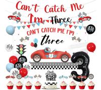 Race Car 3rd Birthday Decorations for Boy Can't Catch Me I'm Three Backdrop Vintage Red Glitter Banner Retro Racing Car Cake Cupcake Toppers for Vintage Race Car 3 Years Old Birthday Party Supplies