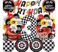 Race Car 3th Birthday Decorations - Boy Racing Car Themed Balloons Banners Decoration Happy 3th Birthday Banner Checkered Flag Foil Number 3 & Car Balloons for Boy Girl Party Supplies