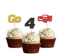 Race Car 4th Birthday Cupcake Toppers - Four Sign Racing Birthday Cupcake Toppers - Need Four Speed Party Decorations Gold Black Red Glitter - 24 Pcs