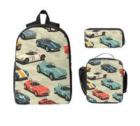 Race Car Backpack Set for Girls Boys with Lunch Bag Pencil Case Vintage 3 Pieces School Bags Insulated Lunchbox Gifts for Women Men