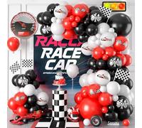 Race Car Balloon Arch Garland Kit, Red Black White Party Latex Balloons with Checkered Flags for Kids Boy Racing Car Themed Birthday Fast Party Decorations Baby Shower Transportation Backdrop Supplies