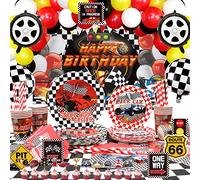 Race Car Birthday Party Decorations - Happy Birthday Racing Car Backdrop, Balloons, Tableware, Car Party Signs, Table Cover for Kids Boys, Checkered Party Supplies, Let's Go Racing Party Serves 20