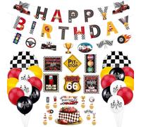 Race Car Birthday Party Decorations - Racing Birthday Banner, Checkered Flag Balloons, Traffic Signs Cutouts and Cake Topper for Kid Boys Let's Go Racing Themed Party Supplies(Set 01)