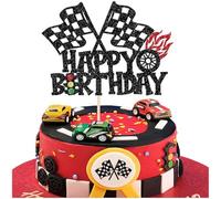 Race Car Cake Topper, Black Glitter Race Car Birthday Cake Decorations, Car Themed Happy Birthday Party Cake Toppers, Checkered Flag Cake Decoration for Baby Shower, Boys, Kids (A)