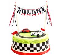 Race Car Cake Topper, Custom Name Race Car Birthday Cake Decorations, Race Car Party Decorations Checkered Flag Cake Banner