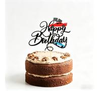 Race Car Cake Topper - Happy Birthday Cake Decor Chequered Flag Themed Party Supplies Decorations