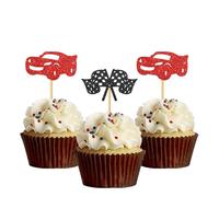 Race Car Cupcake Toppers - Racing Birthday Cupcake Toppers - Need Four Speed Party Decorations Black Red Glitter - 24 Pcs
