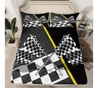 Race Car Flag Fitted Sheet Single Size, Black White Checkered Flag Bedding Set 2pcs for Kids Girls, Racing Game Sport Theme Bed Cover with 1 Pillowcase, Soft Polyester Bedding