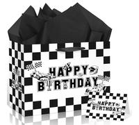 Race Car Gift Bag for Boys Black and White Checkered Gift Bag with Tissue Paper and Card for Racing Car Party Decorations
