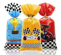 Race Car Goodie Bags 50Pieces, Car Racing Racer Champions Cup Checkered Flag Print Plastic Cellophane Candy Snack Gift Bags with Twist Ties, 3 Designs for Fast One Birthday Racing Theme Decorations