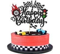 Race Car Happy Birthday Cake Topper, Car Cake Topper, RETWOT 1 Pack Racing Car Cake Topper Happy Birthday Race Car Checkered for Boys Girls Birthday Racing Sports Theme Party Supplies Black
