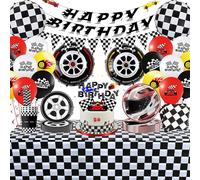 Race Car Party Decorations Tableware - 107 Pieces Birthday Supplies, Happy Birthday Banners, Pennant, Racing Tire Balloons, Black and White Checkered Tablecloths Plates Cups Napkins for Kids Boys Men