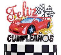 Race Car Spanish Feliz Cumpleaños Cake Topper, Racing theme Birthday Party Decoration, Checkered Flags Racer Party Cake Picks, Go Racing Too Fast Birthday Party Supplies