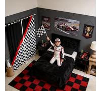 Race Car Window Curtains,Black White Checkered Grid Window Treatments for Kitchen,Racing Themed Red Stripes Geometric Polyetser Window Drapes, 2 Panels, 52Wx84L inch