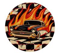 Race Car with Finish Line Flags Pilot and Flames Retro Round Mouse Pad, Mousepad with Non-Slip Rubber Base, Computer Gaming Pads for Wireless Mouse, Easy Gliding