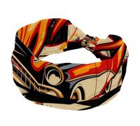 Race Car with Finish Line Flags Pilot and Flames Retro Sports Headbands for Women, Elastic Sports Hair Bands Nurse Wide Turban for Workouts Yoga Gym Tennis