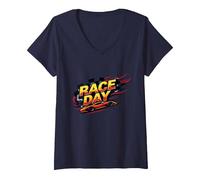 Race Day: Speedy Car Excitement for Racing Enthusiasts V-Neck T-Shirt, Women, Navy, M