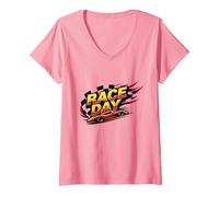 Race Day: Speedy Car Excitement for Racing Enthusiasts V-Neck T-Shirt, Women, Pink, M