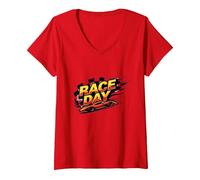 Race Day: Speedy Car Excitement for Racing Enthusiasts V-Neck T-Shirt, Women, Red, S