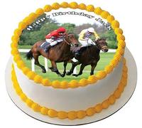 RACE HORSE RACING Premium Quality Edible Large 7.5 Inch Round Icing Cake Topper - Text can be Customizable - Make your Celebrations Memorable with Our Delightful Charming Cake Toppers D5