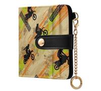 Race Motorcycle Beige Pattern Small Women Wallet PU Leather RFID Blocking Bifold Compact Card Holder with Zipper Coin Pocket Purse for Girls Women Ladies