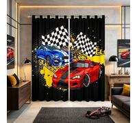 Race Sports Car Blackout Curtains,Black White Grid Window Curtains,Cool Racing Car Window Treatment Curtains Home Decor,Extreme Sports Theme Darkening Drapes for Living Room Bedroom 76W x 45L Inches