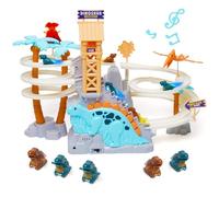 Race Track Toys Climbing Stairs Roller Coaster Electric Double Loop Dinosaur Track Slide with Music Flashing LED Lights Music Orbit Chasing Gift for Kids Toddlers Boys Girls