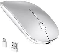 RaceGT Wireless Mouse USB C & USB A, Rechargeable Laptop Mouse, Portable Lightweight Optical Design, Quiet Click, Long Battery Life, Adjustable DPI for PC, Desktop, Chromebook, Mac, Notebook - Silver