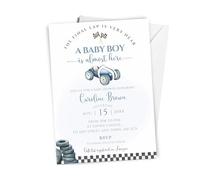 Racer Baby Shower Invitations for Boys - Pack of 10 Personalised A6 Size with Envelopes - The Final Lap Is Very Near A Baby Boy Is Almost Here Theme Baby Shower Invite Cards - A Little Racer Themed