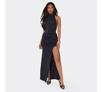 Racer Neck Draped Front Ruched Detail Maxi Dress In Black, Women's Size UK 10