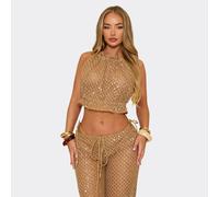 Racer Neck Frill Hem Open Back Detail Top In Brown Textured Sequin, Women's Size UK 10