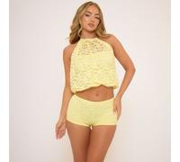 Racer Neck Puffball Detail Crop Top In Lemon Lace, Women's Size UK 12