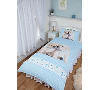 Rachael Hale Single Bed Luke & Leia, Duvet/Quilt Cover Bedding Set Fully Reversible, Labrador Puppies Polka Dot Gingham Paw Stripes Border, Blue White