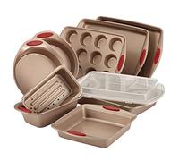 Rachael Ray 52410 Cucina Nonstick Bakeware Set Baking Cookie Sheets Cake Muffin Bread Pan, Carbon, Latte Brown with Cranberry Red Grips