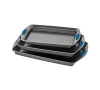 Rachael Ray Bakeware Nonstick Cookie Pan Set, 3-Piece, Gray with Marine Blue Grips