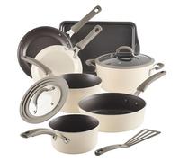 Rachael Ray Cook + Create Nonstick Cookware Pots and Pans Set, Includes Baking Sheet Pan and Cooking Utensil, 10 Piece - Almond