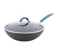 Rachael Ray Cucina Hard Anodized Nonstick Stir Fry Wok Pan with Lid, 11 Inch, Gray with Blue Handles