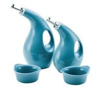 Rachael Ray Serveware Ceramics EVOO and Ramekin Dipper Set, 4 Piece, Agave Blue
