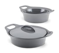 Rachael Ray Solid Glazed Ceramics Casserole Bakeware/Baker Set with Shared Lid, 3 Piece, Dark Gray