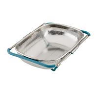 Rachael Ray Tools and Gadgets Over-The-Sink Colander/Strainer, 4.5 Quart, Stainless Steel with Agave Blue Handles