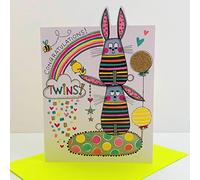 Rachel Ellen Congratulations Twins Baby Card - Bunny Rabbits Rainbow